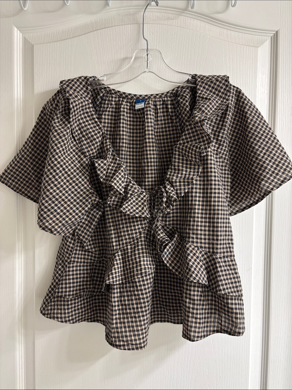 Old Navy Black and Cream Gingham Ruffle Peplum Blouse
